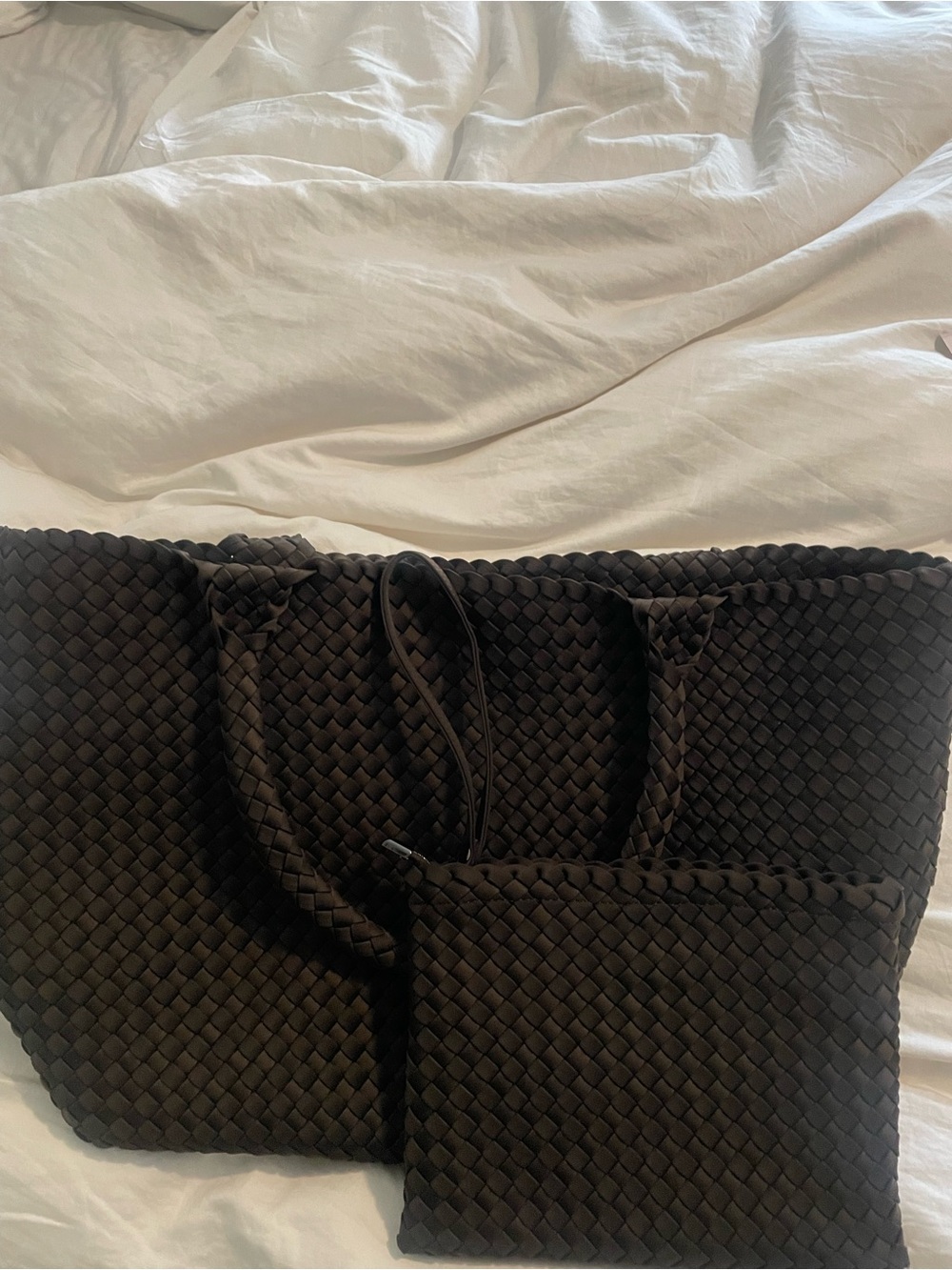 Woven Tote Bag with Matching Pouch - Brown